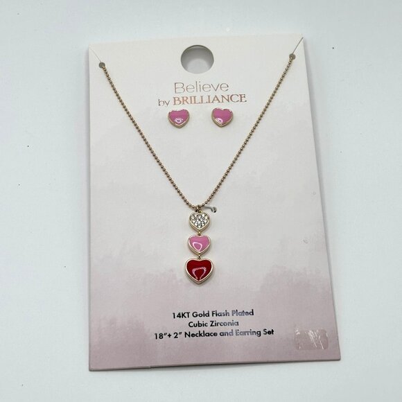 Believe by Brilliance 14KT Gold Flash Plated Heart Necklace & Earring Set Cubic - Picture 1 of 5
